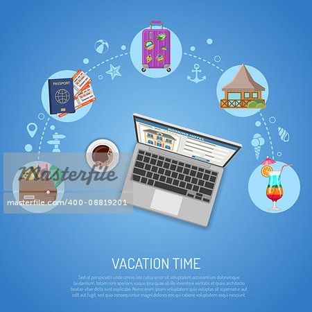 Vacation Concept and Tourism Infographics with Flat Icons Planning, Booking, Tickets, bungalow and laptop. vector illustration