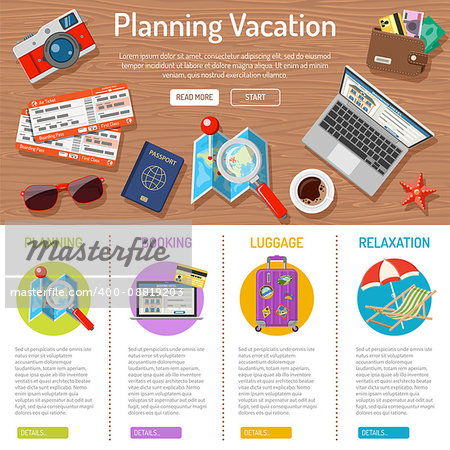 Planning Vacation and Tourism infographics with Flat Icons like Planning, Booking, Tickets, Money and Map. vector illustration