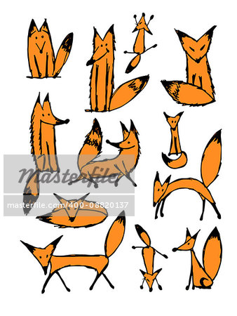 Cute fox sketch, collection for your design. Vector illustration