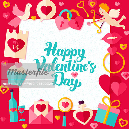 Happy Valentine Day Paper Template. Vector Illustration Flat Style Love Greetings Concept with Lettering.