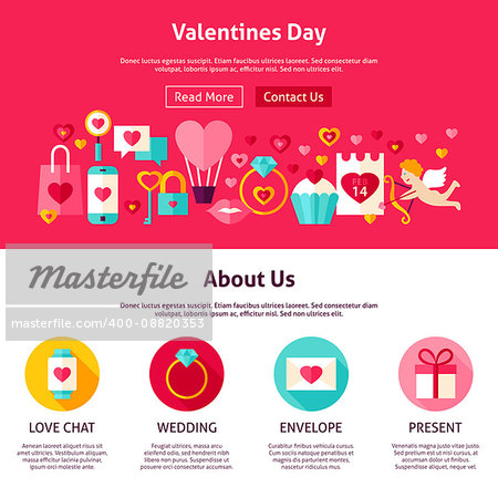 Valentine Day Web Design. Flat Style Vector Illustration for Website Banner and Landing Page. Love Holiday.