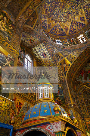 Interior of dome of Vank (Armenian) Cathedral with Archbishop's throne in foreground, Isfahan, Iran, Middle East