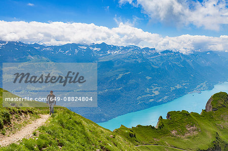 Man on mountain path, Brienzer Rothorn, Bernese Oberland, Switzerland