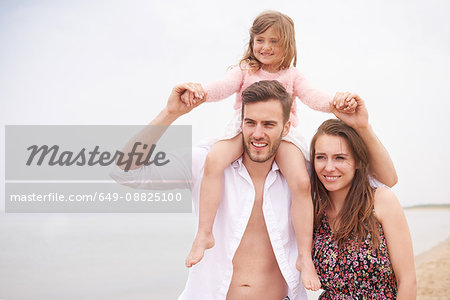 Family walking on beach, daughter sitting on father's shoulders