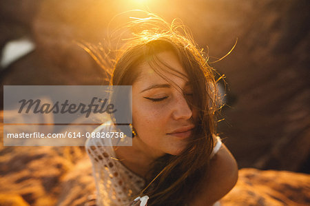 Woman enjoying breeze, Horseshoe Bend, Page, Arizona, USA