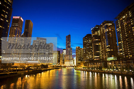 Skyline of Chicago along the river. Chicago, Illinois, USA.