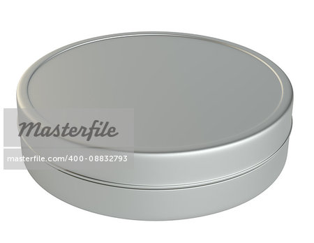 Metal round box on white background. 3D illustration