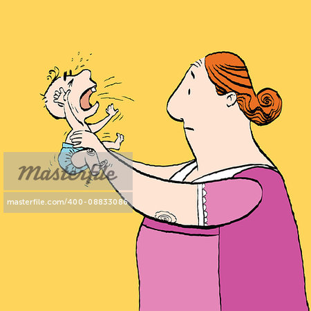 Babysitter and the baby is crying. Vector cartoon illustration of retro style.