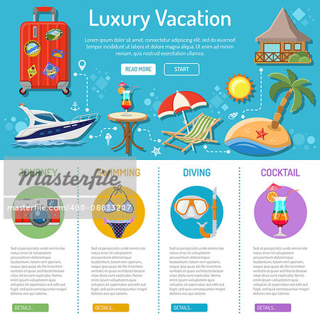 Vacation and Tourism infographics with Flat Icons like Boat, Island, Cocktail and suitcase. vector illustration