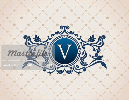 Vintage Decorative Elements Flourishes Calligraphic Ornament. Letter V. Elegant emblem template monogram luxury frame. Royal line logo. Vector sign for restaurant, boutique, heraldic, cafe, hotel