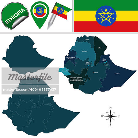 Vector map of Ethiopia with named regions and travel icons