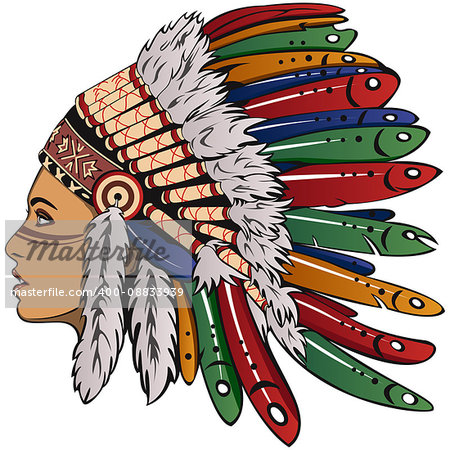 Vector of beautiful girl with traditional chief headdress of American Indian. Boho style.