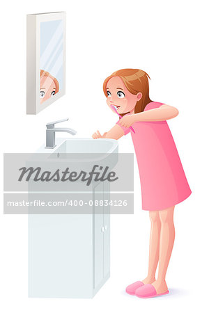 Cute young girl brushing her teeth next to mirror. Cartoon style vector illustration isolated on white background.