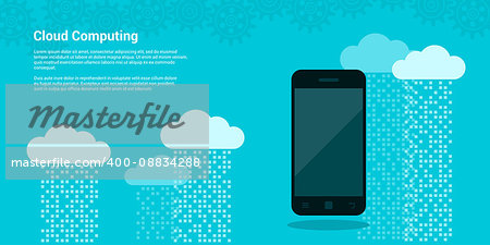 Picture mobile phone and clouds with data streams on background, cloud computing, cloud service concept, flat style illustration