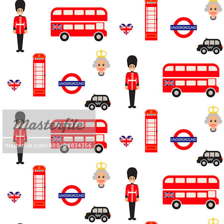 England symbols vector seamless pattern. Doubledecker bus, guardman, queen and telephone booth icons background.