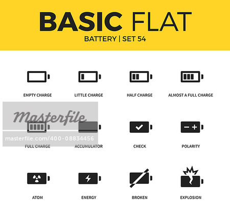 Basic set of explosion, accumulator, polarity interface elements icons. Modern flat pictogram collection. Vector material design concept, web symbols and logo concept.