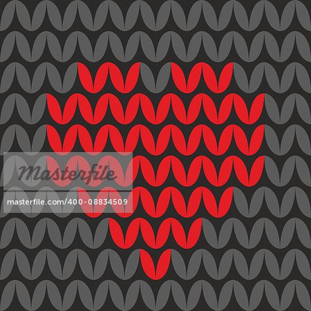 Tile knitting vector pattern with red heart on black background for seamless decoration wallpaper