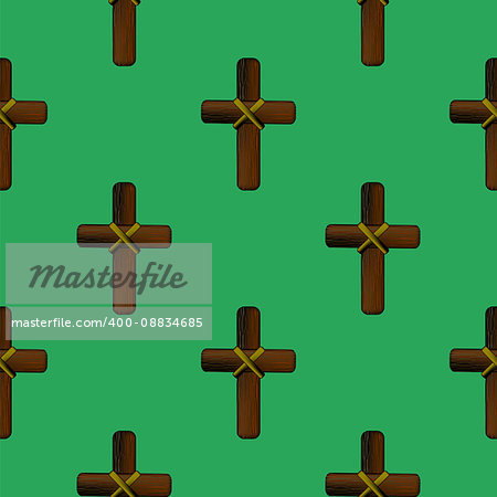 Wood Cross Isolated on Green Background. Seamless Pattern