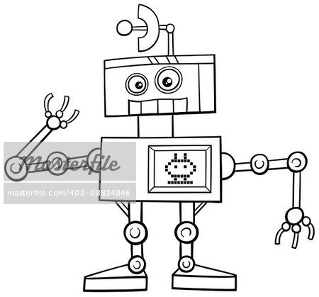 Black and White Cartoon Illustration of Funny Robot Fantasy Character Coloring Page