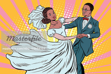 Wedding dance bride and groom. Pop art retro vector illustration. Loving couple man and woman. African American people