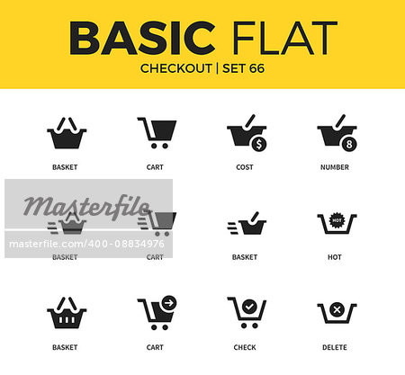 Basic set of cart form, basket form and cost icons. Modern flat pictogram collection. Vector material design concept, web symbols and logo concept.