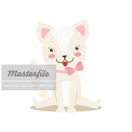 White Little Girly Cute Kitten With Bow Necklace, Cartoon Pet Character Life Situation Illustration. Cat Humanized Baby Animal And Its Activity Emoji Flat Vector Drawing