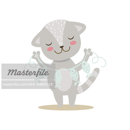 Grey Little Girly Cute Kitten With Paper Garland On String, Cartoon Pet Character Life Situation Illustration. Cat Humanized Baby Animal And Its Activity Emoji Flat Vector Drawing
