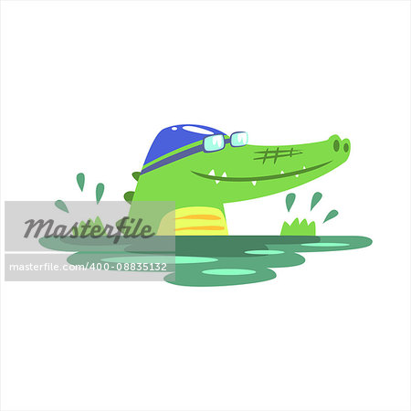 Crocodile Swimming In Pool With Rubber Hat, Humanized Green Reptile Animal Character Every Day Activity, Part Of Flat Bright Color Isolated Funny Alligator In Different Situation Series Of Illustrations