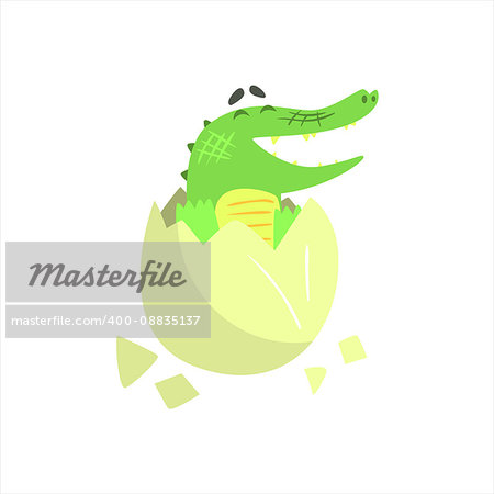 Crocodile Baby Hatching From Egg, Humanized Green Reptile Animal Character Every Day Activity, Part Of Flat Bright Color Isolated Funny Alligator In Different Situation Series Of Illustrations