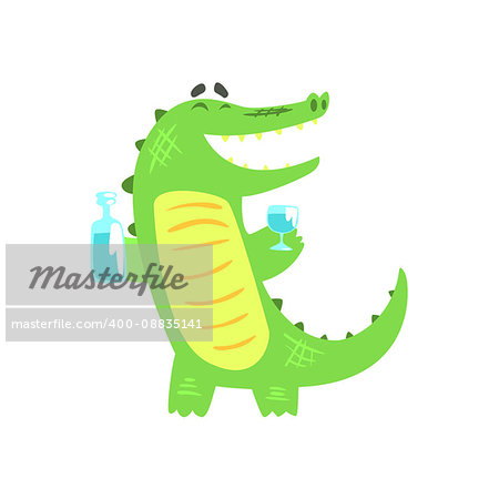 Crocodile WIth Bottle And Glass Having A Drink, Humanized Green Reptile Animal Character Every Day Activity, Part Of Flat Bright Color Isolated Funny Alligator In Different Situation Series Of Illustrations