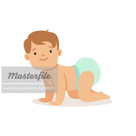 Boy In Nappy Crawling, Adorable Smiling Baby Cartoon Character Every Day Situation. Part Of Cute Infants And Toddlers Vector Illustration Series