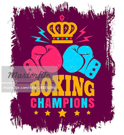Vector vintage poster for boxing with gloves and crown. Two gloves and crown for boxing on grunge background