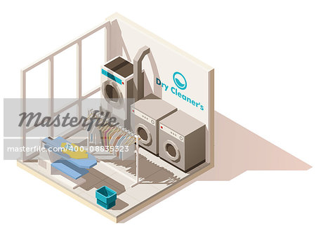 Vector isometric low poly commercial laundry cutaway icon. Includes dry cleaners washing machines, dryer, ironing board