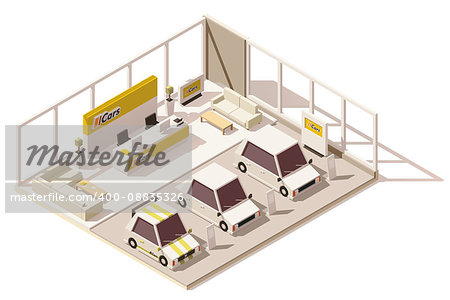 Vector isometric low poly car dealership showroom. Includes cars on the display, customers area and other dealership infrastructure