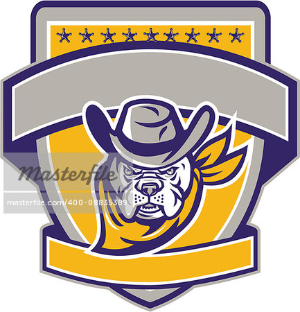 Illustration of a bulldog sheriff cowboy head facing front set inside shield crest with with stars and banner in the background.