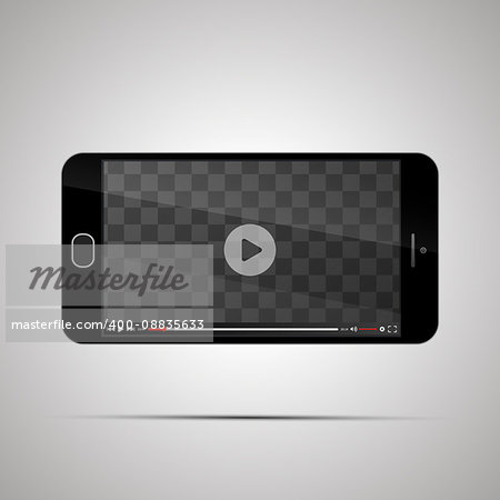 Mock up of realistic glossy smartphone with transparent place for horizontal video player on light background