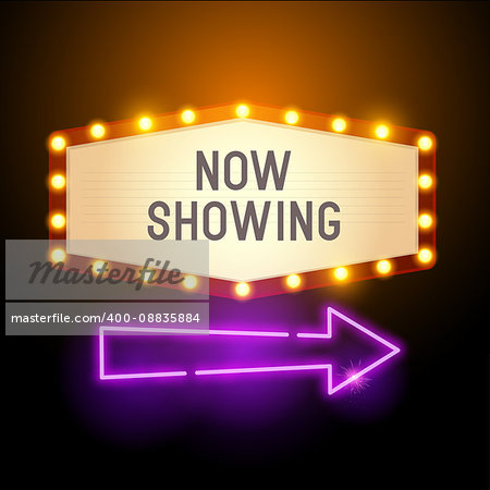 A retro vintage theatre style sign with glowing lights, room for text and a neon arrow. Vector illustration