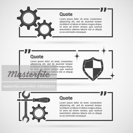 Set of quote blank templates with shield, gear, wrench. Quote comment template. Quote bubble.