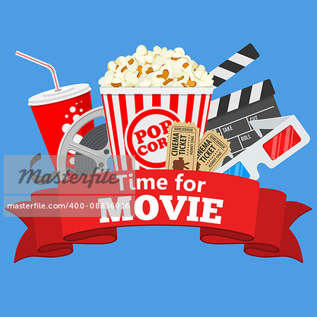 Cinema and Movie time flat icons with film reel, popcorn, paper cup, 3d glasses, clapperboard and rubbon, isolated vector illustration