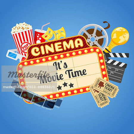 Cinema and Movie time concept with flat icons transparent film, popcorn, signboard, masks, award and tickets , isolated vector illustration
