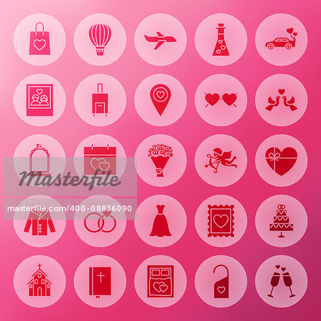 Solid Wedding Circle Icons. Vector Illustration of Love Glyphs over Blurred Background.