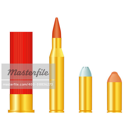 Set of gun bullets isolated on white background.