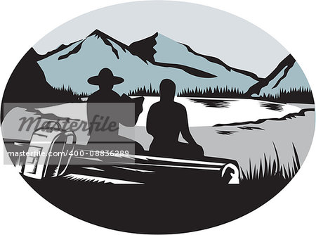 Ilustration of  two trampers campers sitting on a log, one is reading and the other is female with backpack leaning against the log, backdrop is meadow, small glacier lake framed in steep cliffs set inside oval shape done in retro woodcut style.