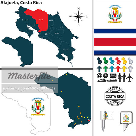 Vector map of province Alajuela with flag and location on Costa Rican map