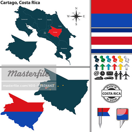 Vector map of province Cartago with flag and location on Costa Rican map