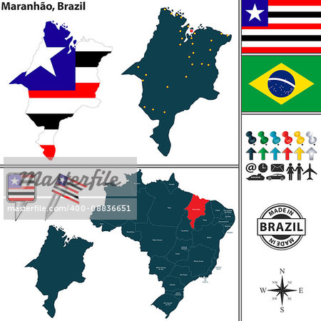 Vector map of region of Maranhao with flags and location on Brazilian map