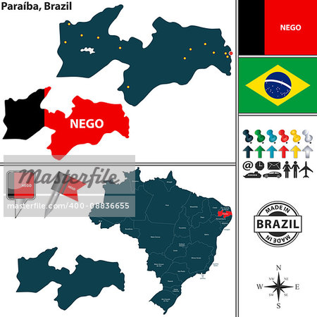 Vector map of region of Paraiba with flags and location on Brazilian map