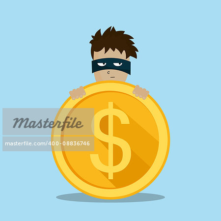 Bad thief wear black suite and mask holding a bag of money in his hands. Flat Character design vector illustration