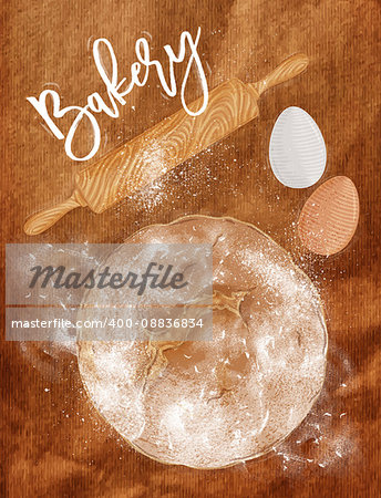 Poster bakery with illustrated egg, rolling pin, bread in vintage style lettering bakery drawing on chalkboard background