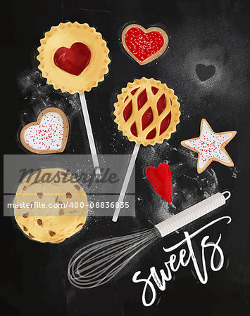 Poster sweets with illustrated star, pie, cookie, egg, whisk, rolling pin in retro style lettering sweets drawing on chalkboard background